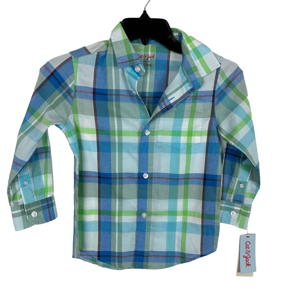 NWT Cat & Jack Blue Green Plaid L/S Button Down Shirt Boys XS